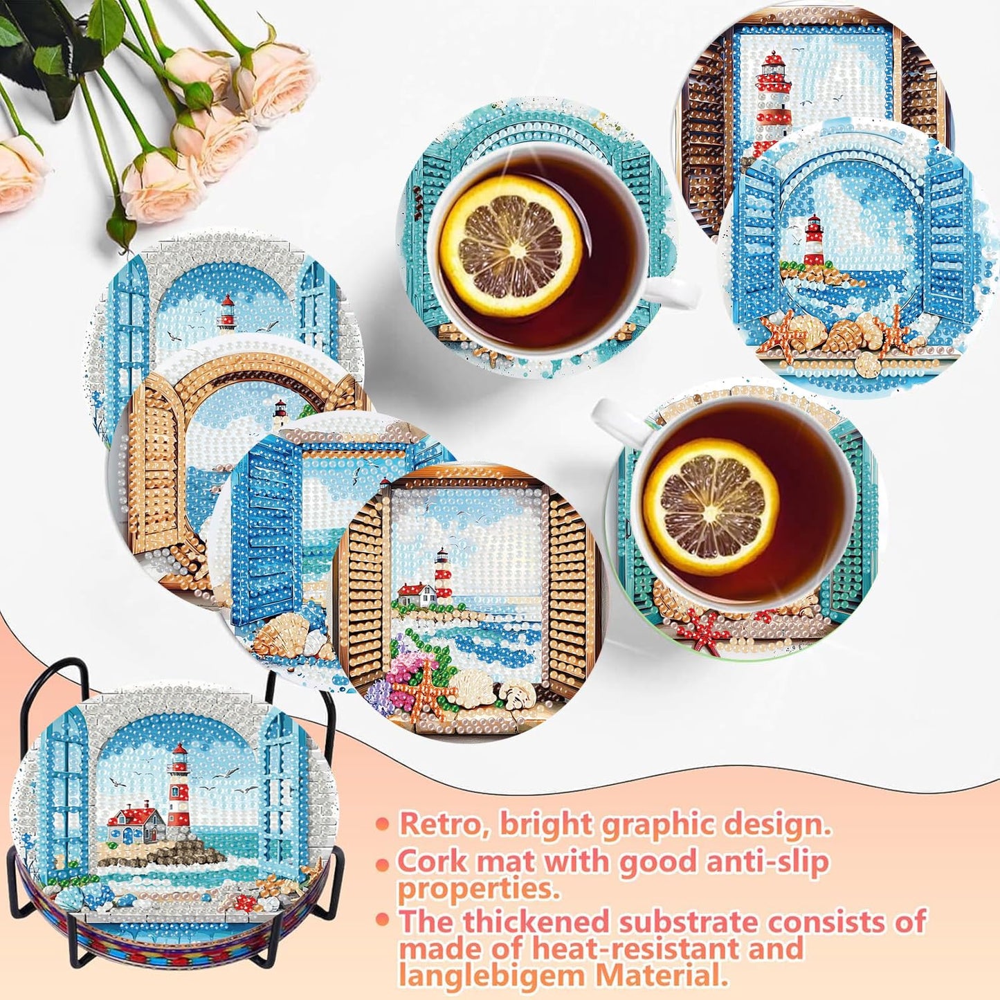 8 PCS Diamond Art Coasters Kits Lighthouse Diamond Painting Coaster Kits Diamond Coasters with Holder Cork Pads Gem Art Dots Paintings Crafts Supplies for Adults Beginners