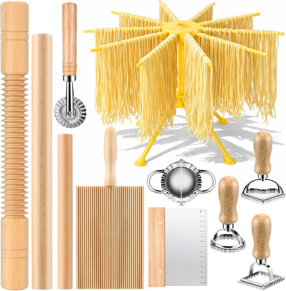 11 Set, Pcs Pasta Making Tools Kit - Pasta Drying Rack, Gnocchi Board,Pasta Cutter, Ravioli Stamps, Wood Threaded Pasta
