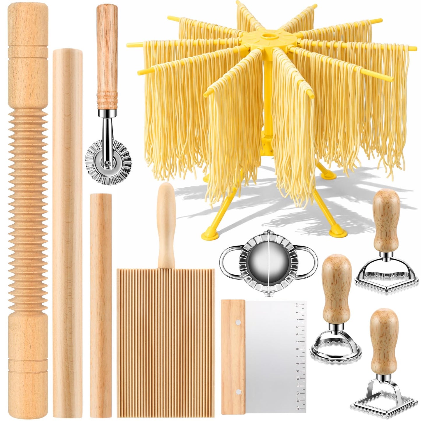 11 Pcs Pasta Making Tools Kit - Pasta Drying Rack, Gnocchi Board,Pasta Cutter, Ravioli Stamps, Wood Threaded Pasta Roller Pin Set, Noodle and Dumplings Maker