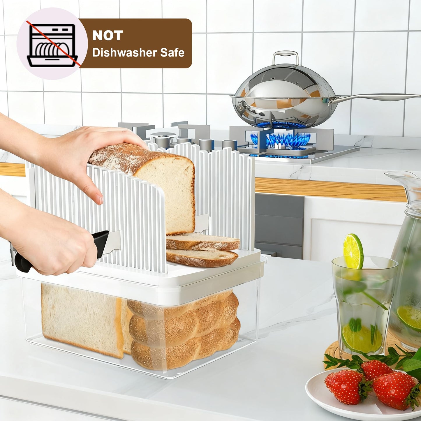 LLMRR Bread Box with Slicer & Ice Chilled Condiment Caddy, Portable Airtight Bread Storage Container with Lid Handle for Kitchen Counter, Bread Keeper for Homemade Bread,Toast, Bagel, Cookies, White