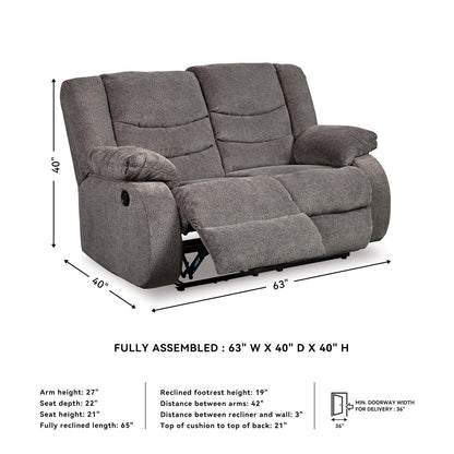Signature Design by Ashley Tulen Reclining Loveseat, Dual-sided Recliner, Pull Tab Reclining Motion, Fabric Upholstery, 63" W x 40" D x 40" H, Dark Gray
