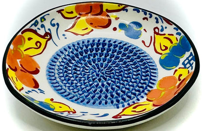BonCera, All-in-one Premium Ceramic Garlic Grater Plate 4-Piece Set - Artisan Flower Blue Center Design - For Garlic, Ginger, Chocolate, and more! - Comes with 5" Plate, Peeler, Brush, and Stand