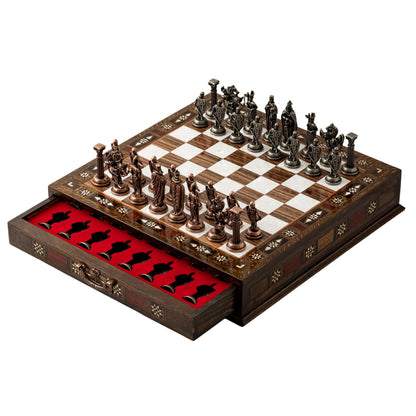 15’’ Handmade Walnut Wooden Chess Set – British Style Metal Chess Pieces – Luxury Storage Chess Board for Adults & Gift for Dad (Walnut)