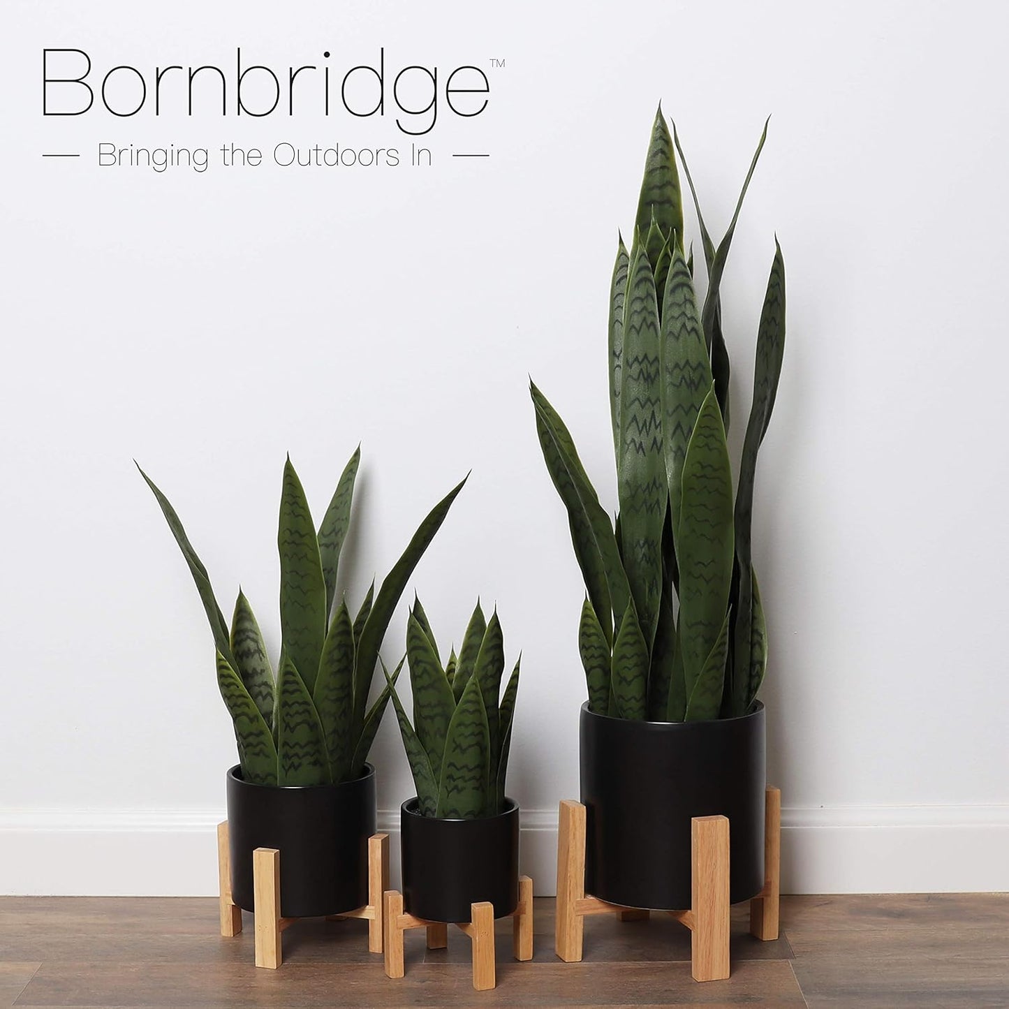 1 Pack) Bornbridge Artificial Snake Plant with Mid Century Plant Stand - Sansevieria Plant in Modern Planter