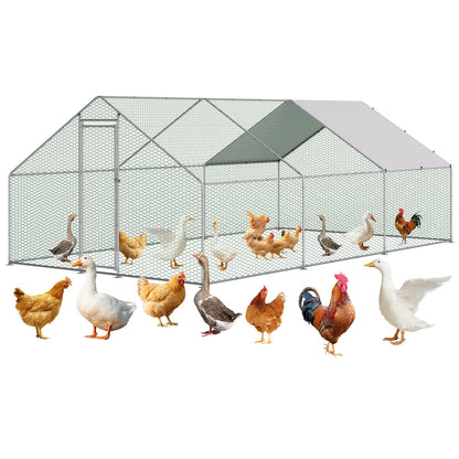 Large Metal Chicken Coop Walk-in Poultry Cage, Chicken Run with Waterproof Anti-UV Cover, Heavy Duty Galvanized Steel Hen House for Outdoor Yard Farm Duck Rabbit (9.8' L x 19.7' W x 6.6' H)