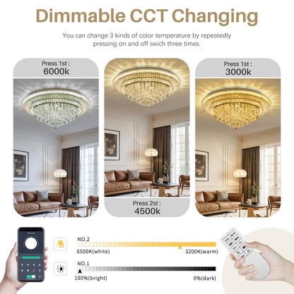 40 inch Flush Mount Crystal Chandeliers with Remote and APP Gold, Modern Elegant LED Crystal Raindrop Ceiling Light Fixture, 3CCT Dimmable, for Living Room Kitchen Island Bedroom Entryway Foyer