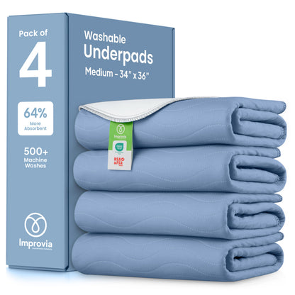 IMPROVIA® Washable Underpads, Heavy Absorbency Reusable Incontinence Pads for Kids, Adults, Elderly, and Pets, Waterproof Protection Floor (Blue, 34"x36" (Pack of 4))