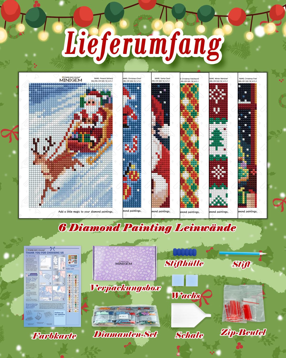 forever young Minigem Christmas Diamond Art Kits for Adults, 6 Pcs Christmas Canvas Resin Square Drill Diamond Painting for Beginners, 2-Hour Small Diamond Painting Kits for Adults (5x7 Inch)