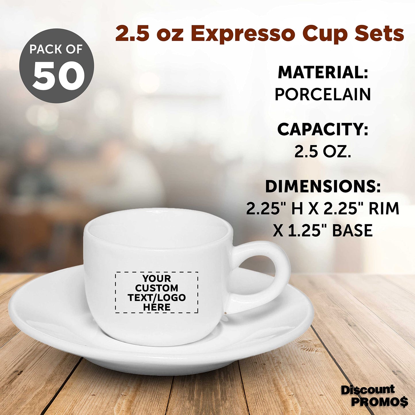 Custom Porcelain Espresso Cups with Saucer 2.5 oz. Set of 50, Personalized Bulk Pack - Perfect for Coffee, Tea, Espresso, Hot Cocoa, Other Beverages - White