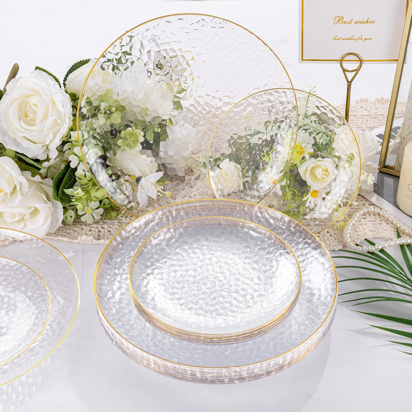 Rubtlamp 60Pcs Clear Plastic Plates,Clear Disposable Plates With Gold Rim,Heavy-duty Gold Plates,Hammered Party Plates Include 30Clear Dessert-Platos,30Dinner-Platos for Wedding, Party