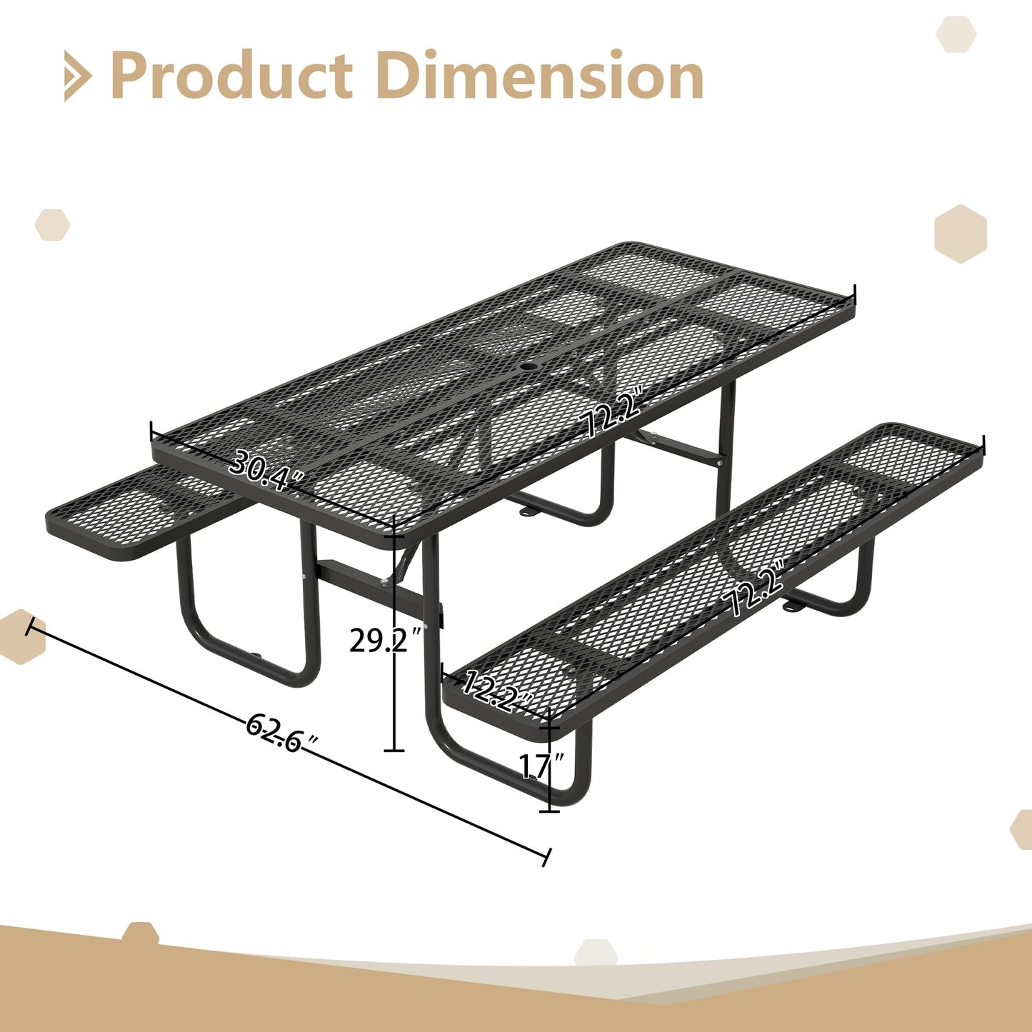 Dvasovio 72 Inch Rectangular Metal Picnic Table with 1.73" Umbrella Hole, Heavy-Duty Steel Mesh Table Set, Weather Resistant Sturdy Outdoor Furniture, for Patio, Garden, Courtyard & BBQ, Black