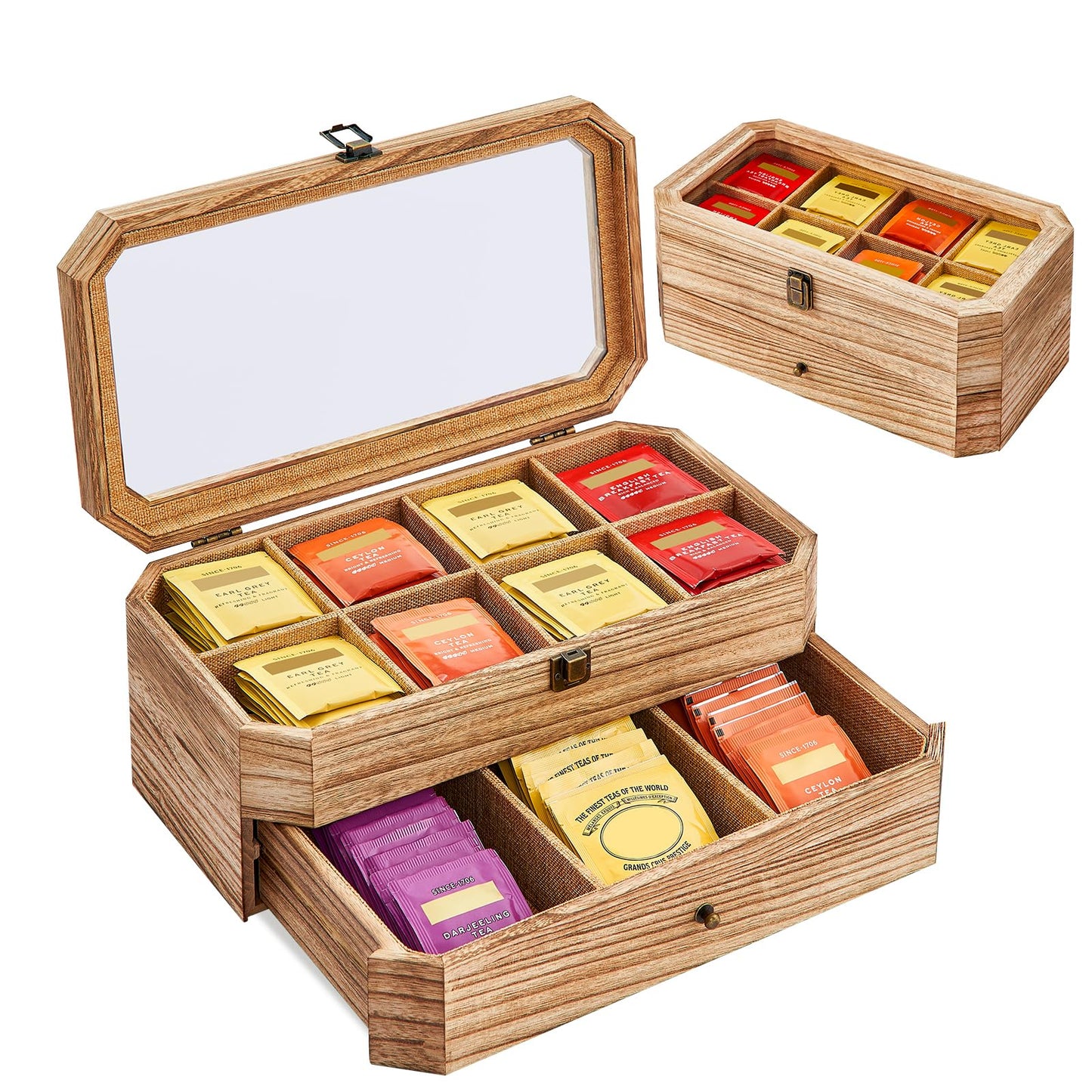 YIYYZI Tea Bag Organizer, Solid Wood 2 Layer Tea Box Organizer Storage, Christmas Gift Tea Bag Holder with Drawer Acrylic Window, Tea Organizer Caddy