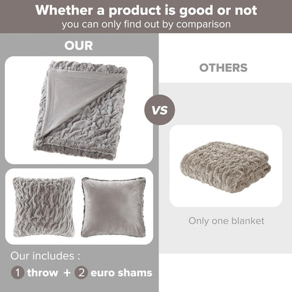 Set 2 50"x 60" Comfort Spaces Ruched Faux Fur Plush Throw Blanket and Pillow with Matching Square Pillow Covers Sofa