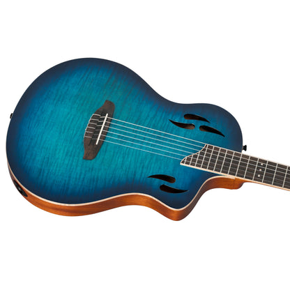 Ortega TourPlayer Deluxe Thinline Crossover Nylon-String Electric Guitar w/Pro gig bag, Flamed Maple Gloss Blue (RTPDLX-FMA)