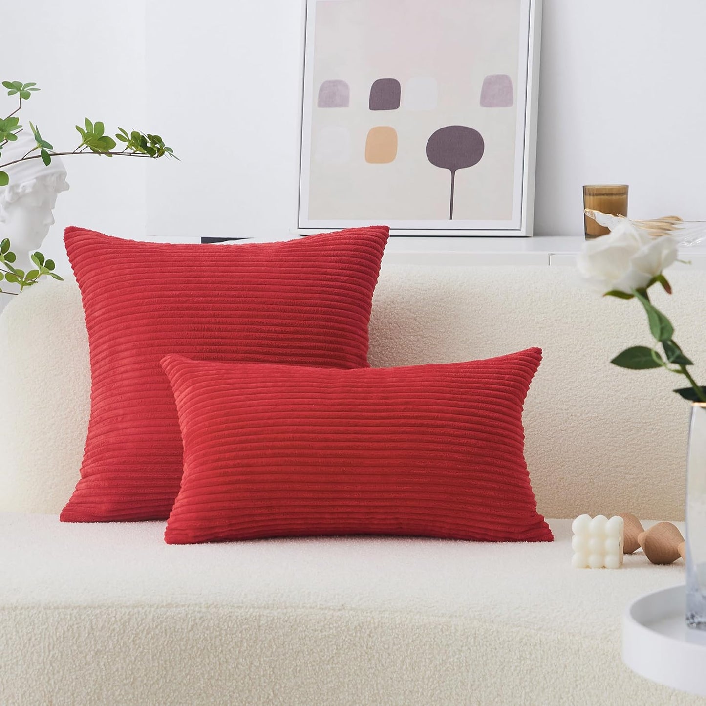Home Brilliant Red Pillow Covers, 12x20 Throw Pillows for Couch, Pack of 2 Striped Corduroy Indoor Covers