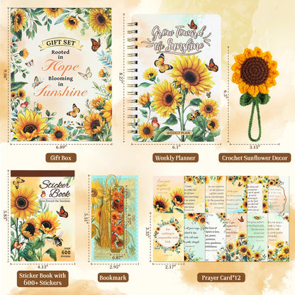 Sunflower Planner Gift Set for Women - 1 Sticker Book of 600+ Stickers, 1 Weekly Planner, 1 Crochet Keychain, 1 Metal Bookmark, 12 Prayer Cards, Gift for Women Men Teens Christian Birthday Mothers Day
