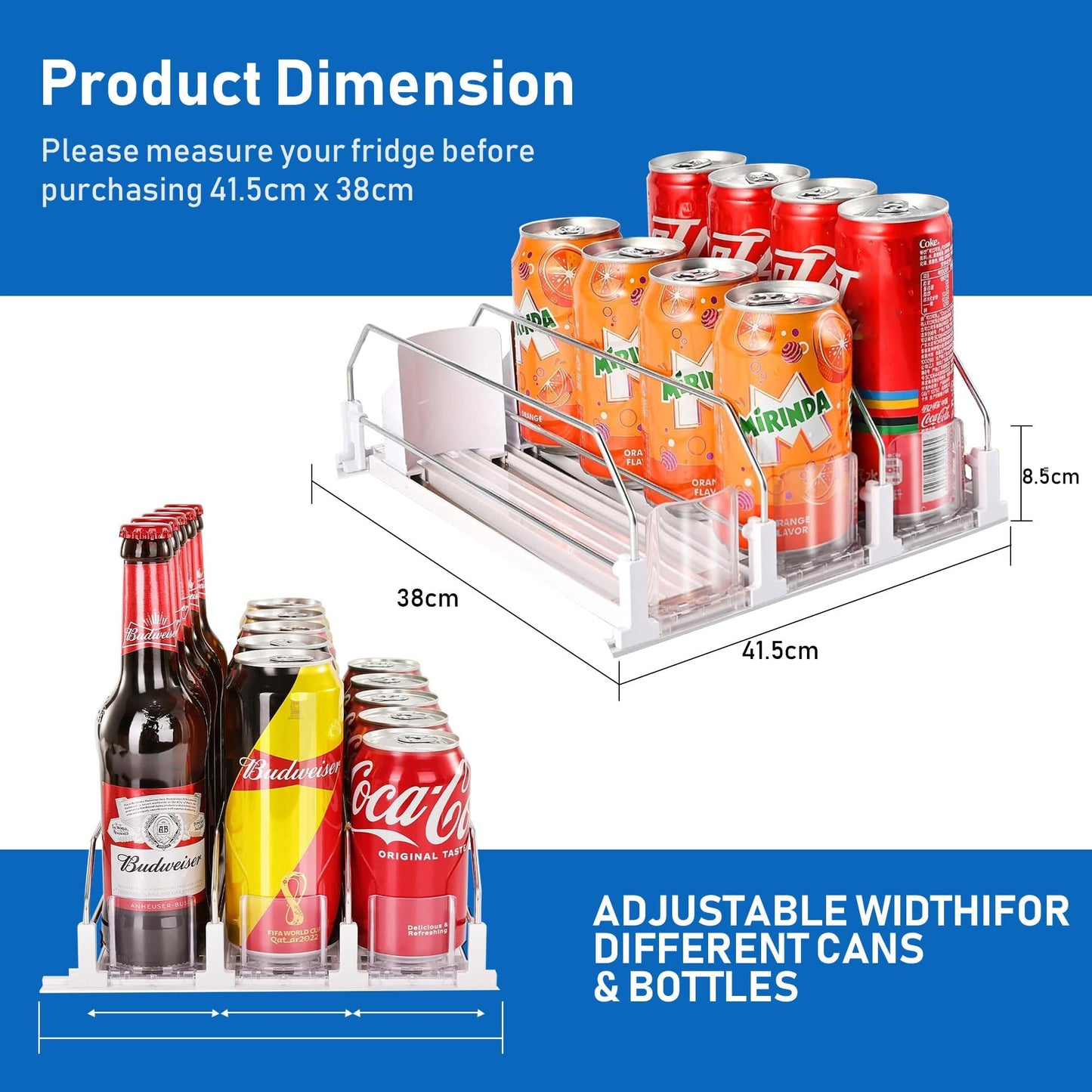 Drink Organizer for Fridge, Soda Can Organizer Dispenser for Refrigerator with Automatic Pusher Glide, Width Adjustable Clear Dividers Can Holder for 15 Cans, 115''D x 8.9''W x 3.1''H, 3 Rows
