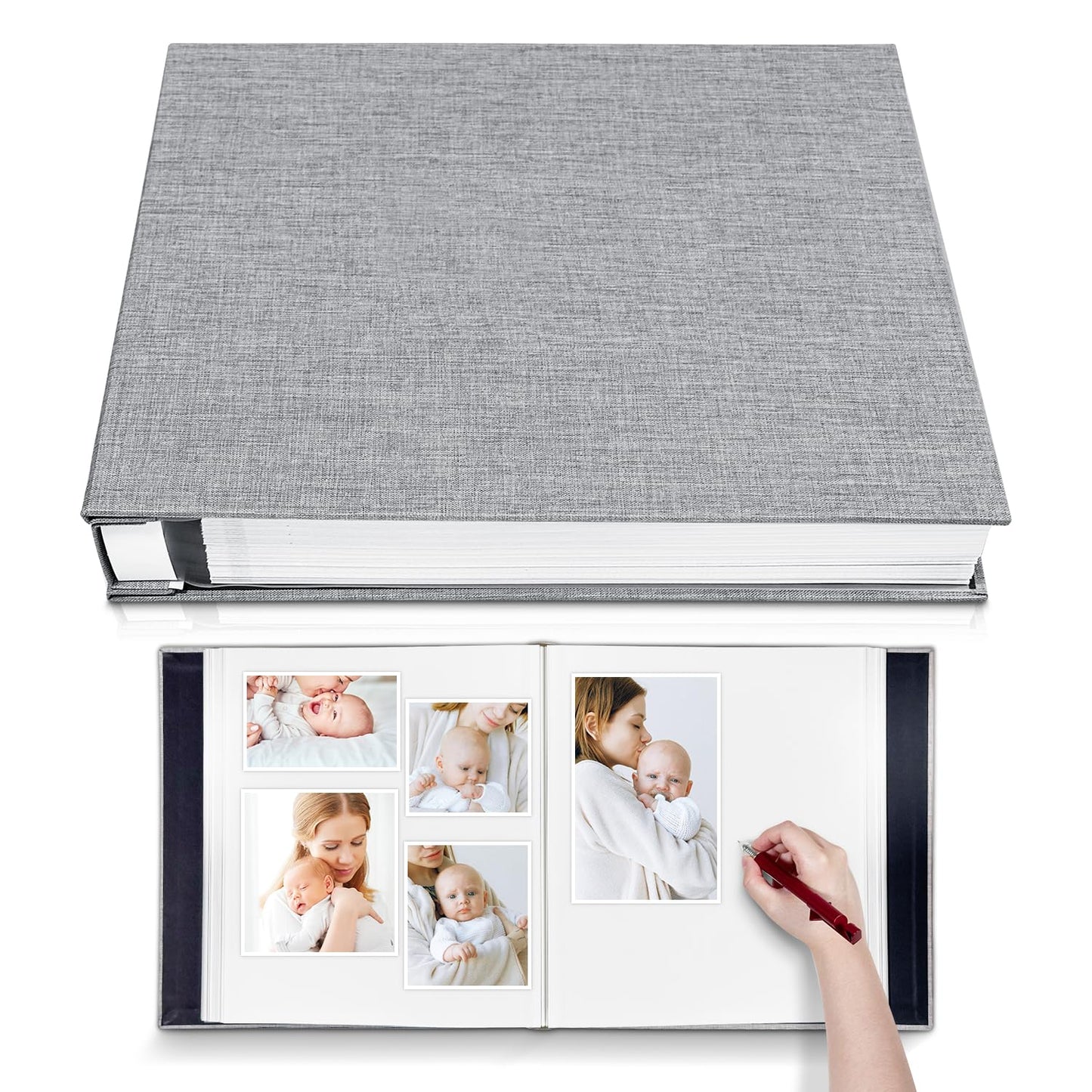 Photo Album Self Adhesive 3x5 4x6 5x7 6x8 8x10 8.5x11 11x10.6 Magnetic Scrapbook Album DIY Length 11x10.6 Inch 40 Pages Linen Cover DIY Photo Album with A Metallic Pen and and Plastic Board(Grey)