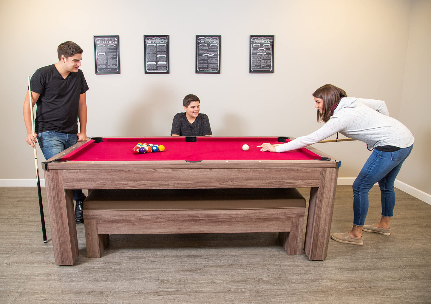 Hathaway Newport 7 Foot Dining Pool Table Combo with Game Accessories, & 2 Benches – Multifunctional Billiards Table with Ping Pong & Dining Top – Light Oak Finish, Chrome Accents, Red Felt