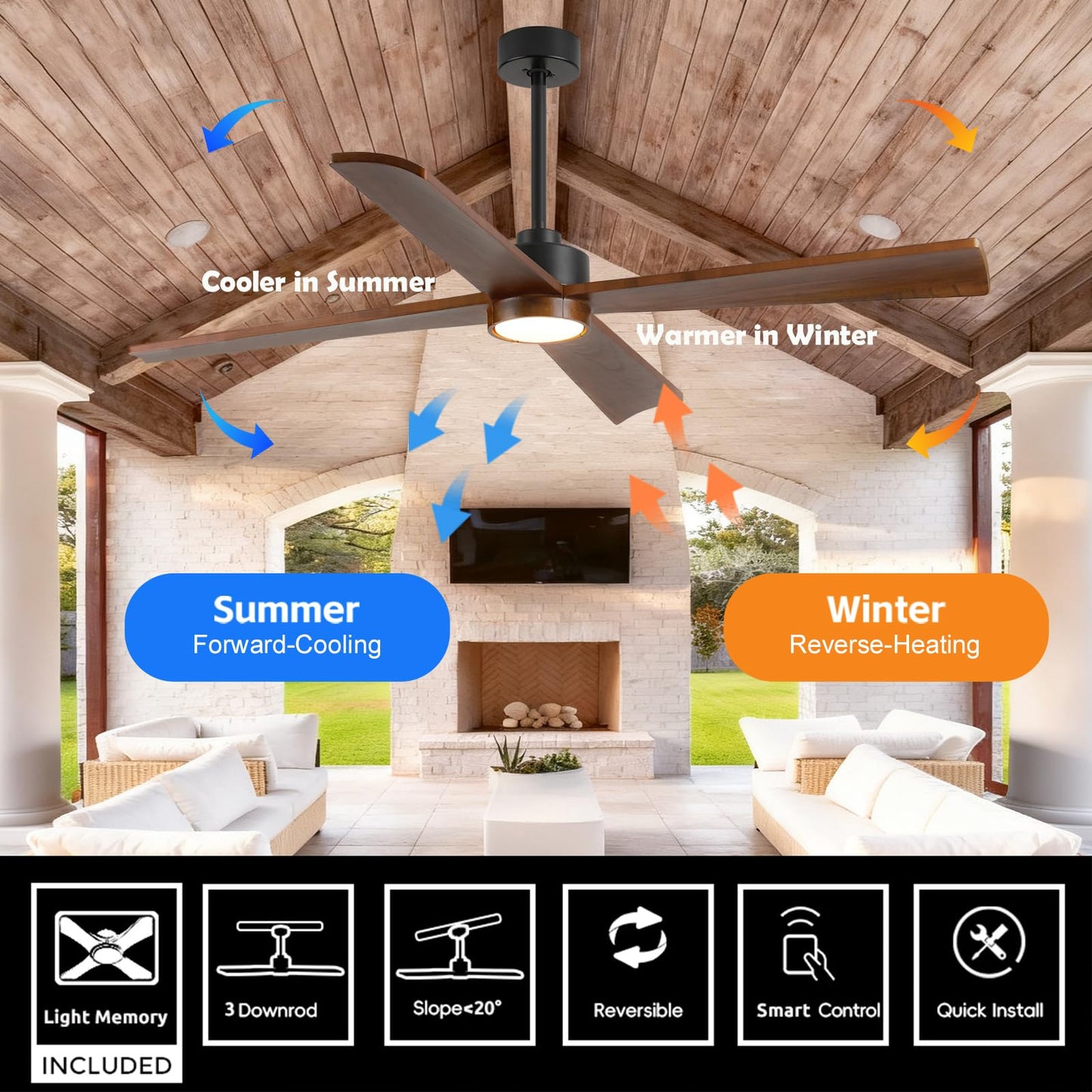 60 Inch Outdoor Smart Ceiling Fan with Light for Patio Damp Rated -High CFM Propeller 4 Wood Blades for Large Room, Rustic Farmhouse, Alexa/Tuya App/Remote Control, Quiet DC Motor, Porch, Gazebo
