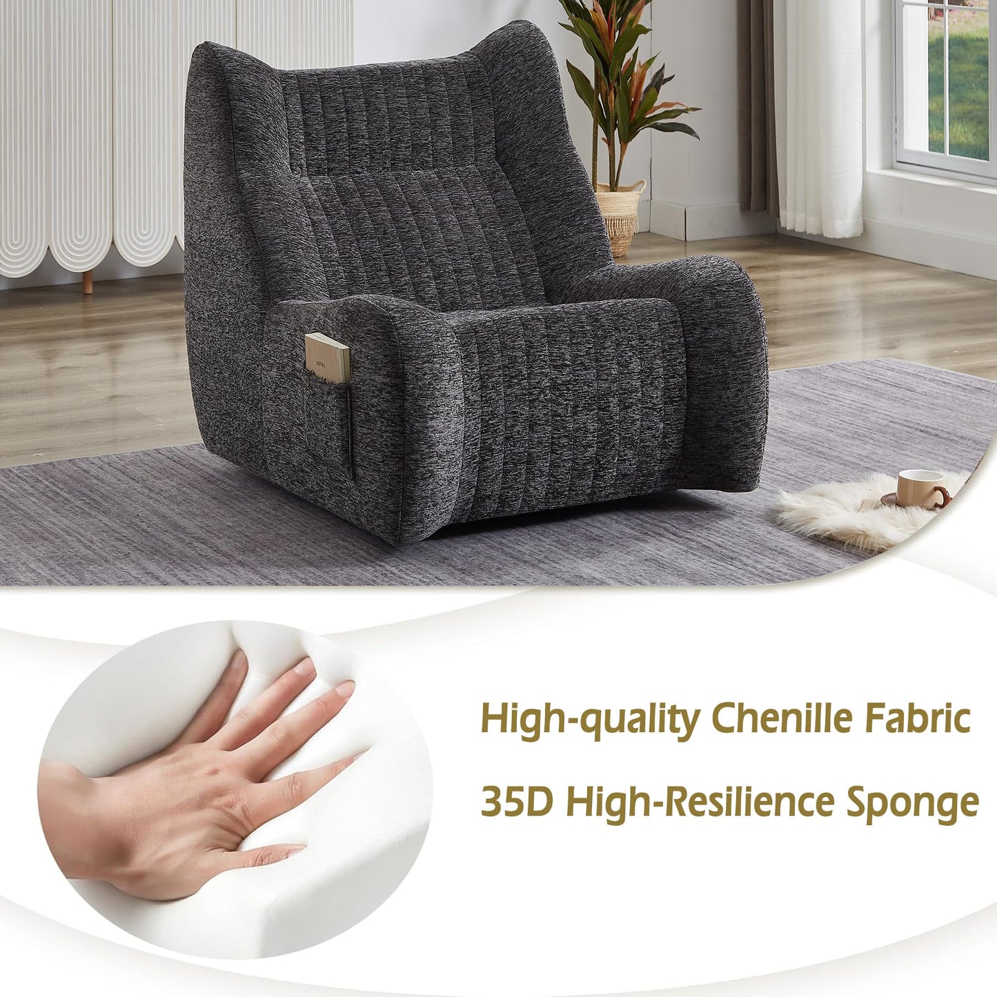 Oversized Bean Bag Chair with Armrests for Adults,Chenille Lounger Filled High Resilience Foam,Lazy Floor Sofa Seat, Reading Gaming Accent Furniture Living Room Bedroom Office Dorm Apartment (Grey)