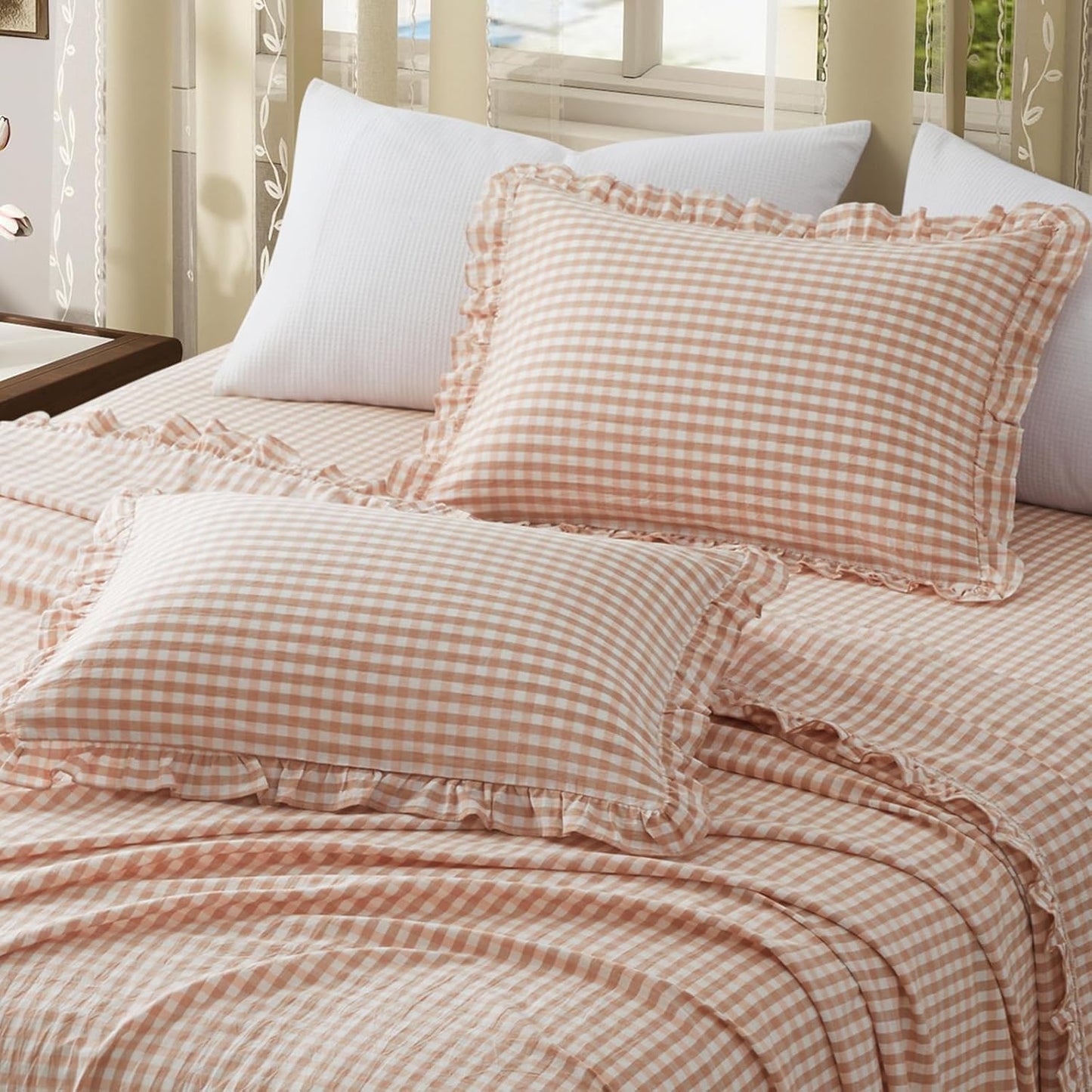 2 20x30 Inch, KKJIAF Pcs Plaid Ruffle Pillow Case Queen Size, Cotton Gingham Ruffled Euro Sham Pillow Covers Linen Feel