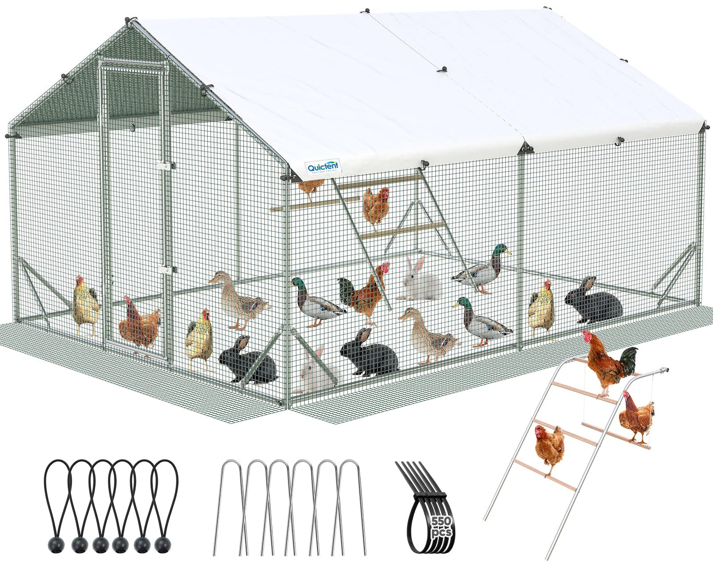 Quictent Large Metal Chicken Coop Run for 20+ Poultry with Metallic Perch, Side Hardware Cloth & Cover, Advanced Series Outdoor Walk-in Cage Hen Duck Rabbit Dog Pen Yard Farm House, 12x9x6.6FT