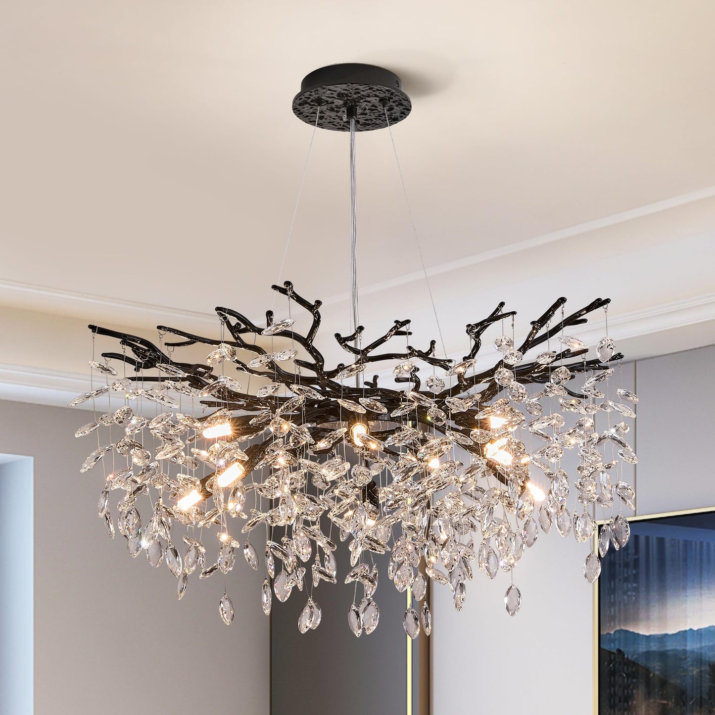 witkey Modern Tree Branch Crystal Chandelier Luxury Black Crystal Pendant Lighting 30" Contemporary 10-Light Chandeliers for Dining Room Kitchen Bedroom Living Room