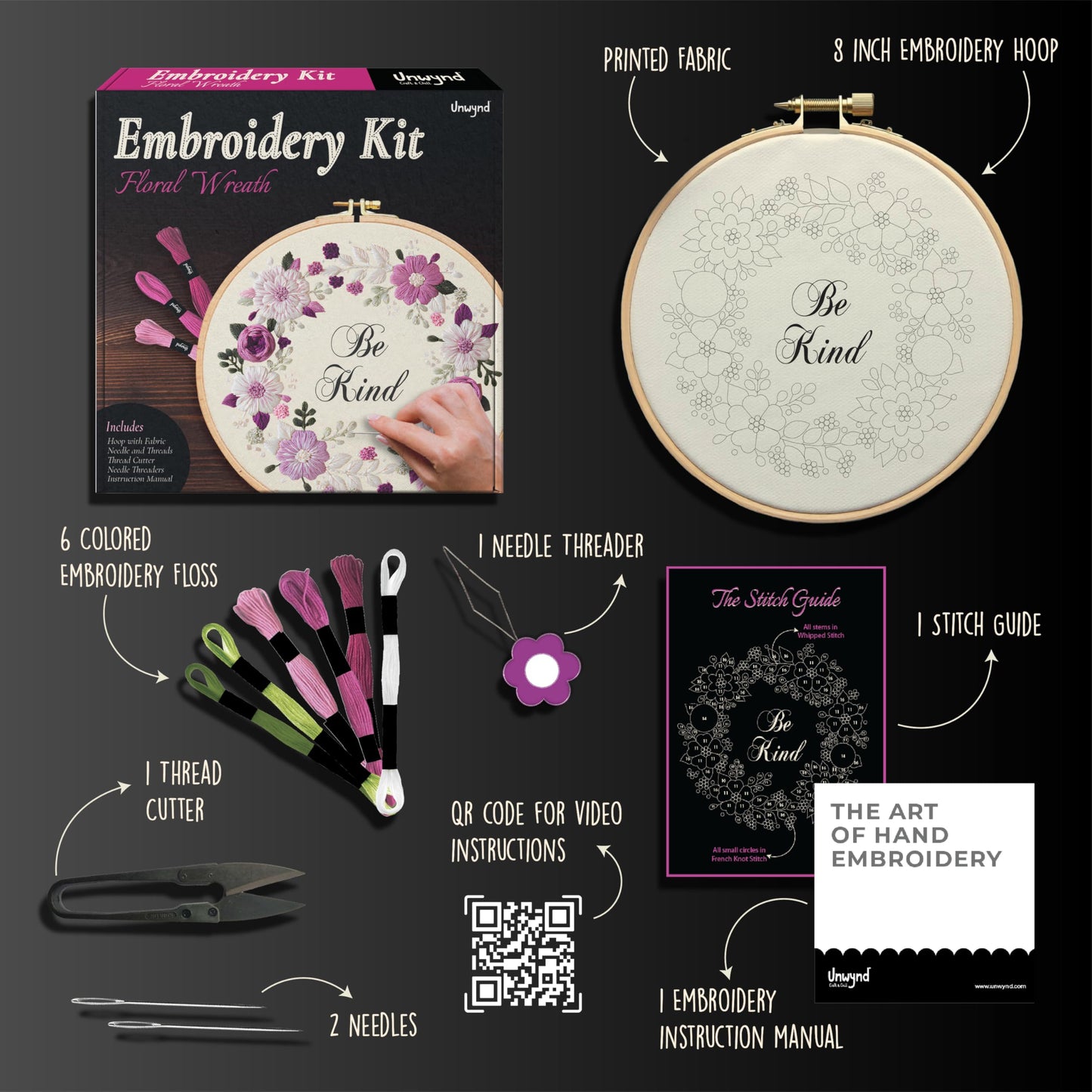 Unwynd Embroidery Kit Floral Theme for Beginners, Satin Stitch Hand Embroidery Kit for Adults, Easy DIY Crafts, Starter Set with Flower Pattern (Floral)