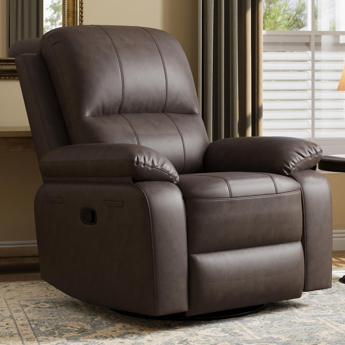 Attalee Leather Swivel Rocker Recliner Chair, Traditional Manual Chair, Upholstered Nursery Glider Rocking Recliner, Comfy Faux Leather Single Sofa with Pocket Spring for Living Room, Dark Brown