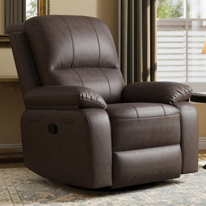 Attalee Leather Swivel Rocker Recliner Chair, Traditional Manual Chair, Upholstered Nursery Glider Rocking Recliner, Comfy Faux Leather Single Sofa with Pocket Spring for Living Room, Dark Brown