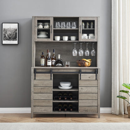 GarveeHome 70 in Tall Farmhouse Coffee Bar Cabinet, Kitchen Hutch Storage with Sliding Barn Door, Kitchen Buffet with Wine Rack, Glass Holder, Wine Bar Cabinet for Dining Room, Living Room, Gray