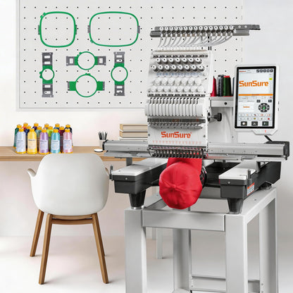 SUNSURE 10-Needle Home Embroidery Machine with Smart Touch Screen,9.5"x14.2" Embroidery Area,1200SPM Max Speed,T-Shirts,Hats,Tote Bags,3D&2D Cap,flat System include,pattern Free design Support