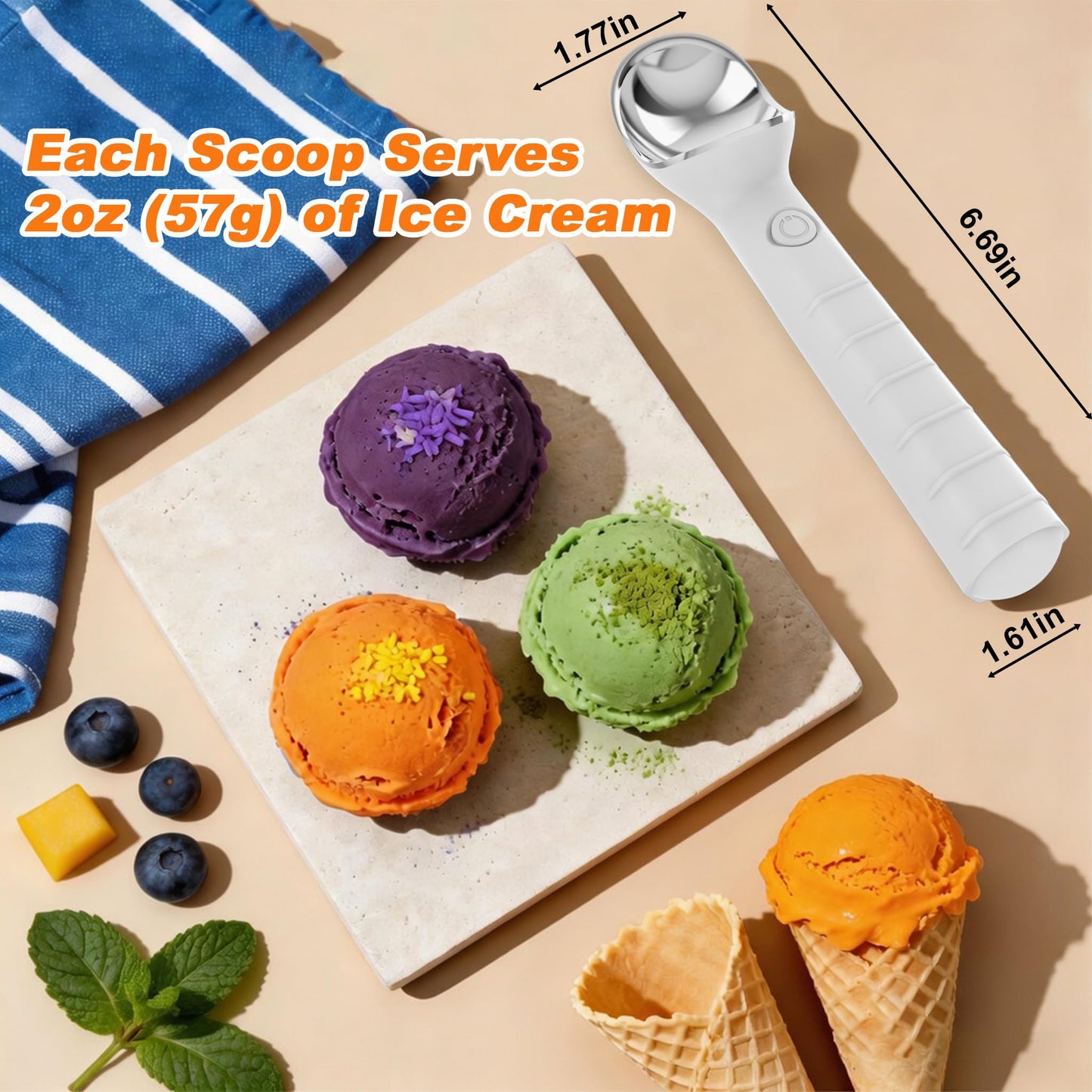 DLUCK Heated Ice Cream Scoop, Rechargeable Electric Ice Cream Scooper, Heats Up to 158°F for Hard Ice Cream, Gelato & Frozen Desserts (WHITE)