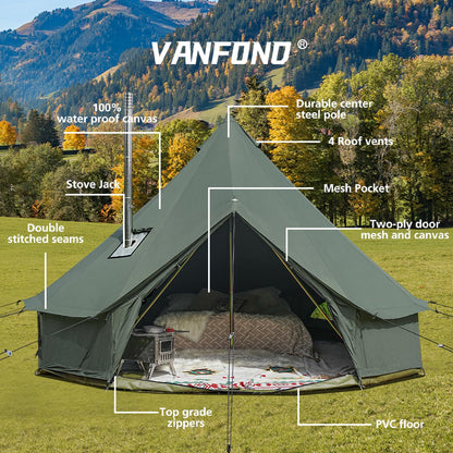 VANFOND Canvas Bell Tent, Yurt with Stove Jack, Waterproof and Breathable Glamping Wall Tent, Detachable Groundsheet for Camping Party