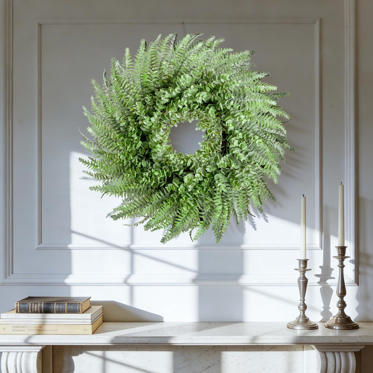 NIOPELO 26'' Eucalyptus and Boston Ferns Wreath for Front Door - Artificial Eucalyptus Leaves Greenery Outdoor Wreath for Wedding Farmhouse Porch Wall Room Home Decor (Gray-Green)
