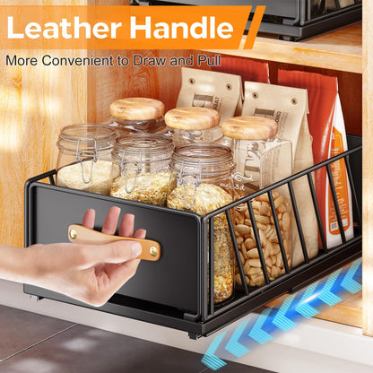 Pull out Cabinet Organizer,Heavy Duty Slide out Pantry Shelves Drawer Storage with Adhesive Nano Film,Sliding Mesh Cabinet Basket with Handle for Kitchen, Bathroom, Home, 11.8"W X 15.7"D X6.2"H,Black