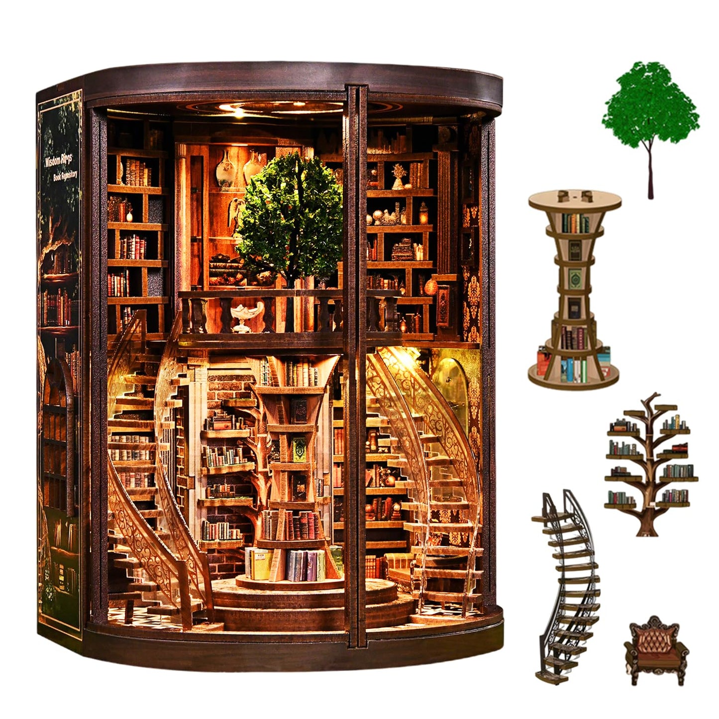 Book Nook Kit for Adult-3D Wooden Puzzles Miniature Library Bookshelf Insert Bookend Decor，Adult Miniature Model with LED Light and Dust Cover, Touch Switch, Adult Craft Kits Gift