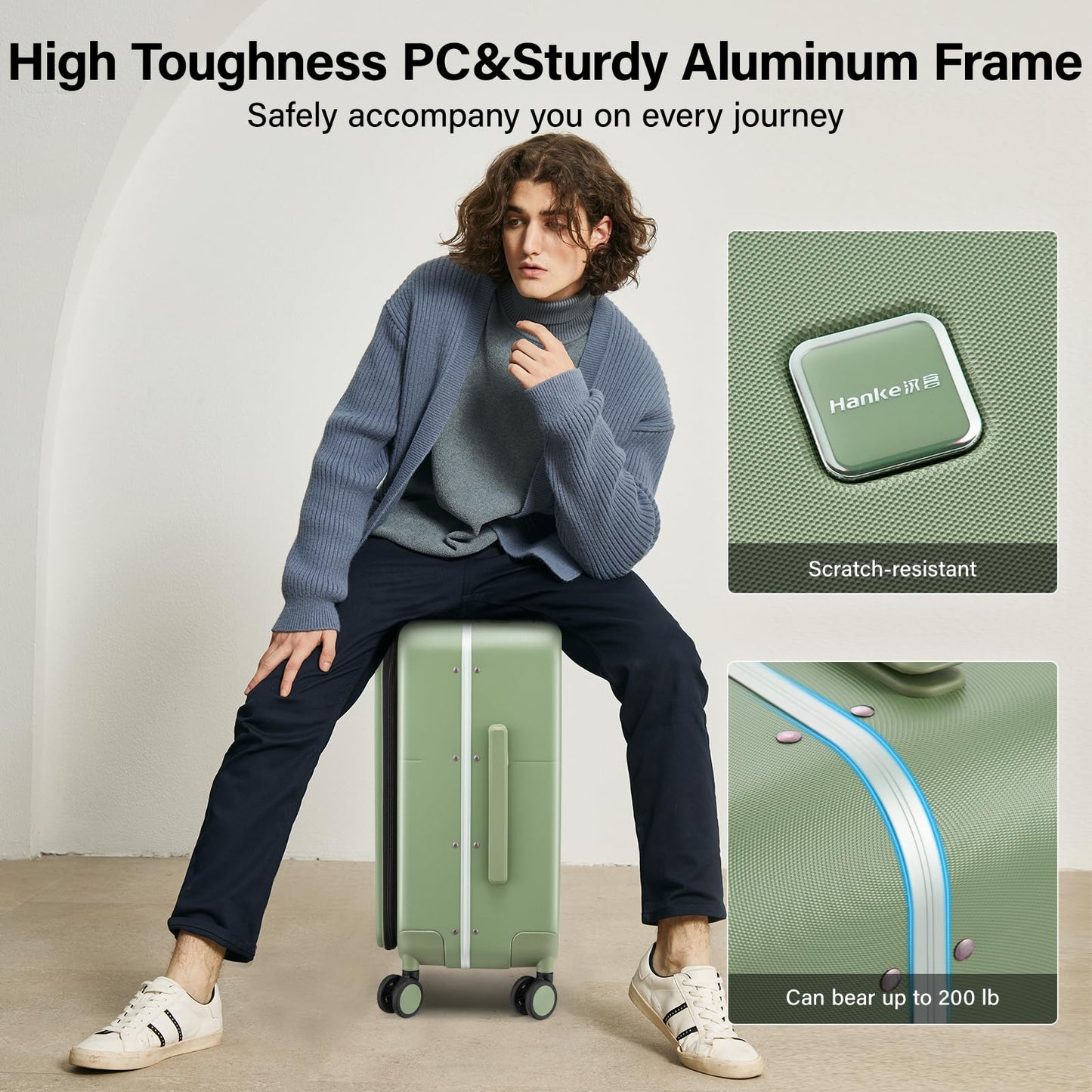 Hanke 28 Inch Checked Luggage with Cup Holder and USB Ports, Top Opening Hard Shell Suitcase with Wheels, Aluminum Frame Large Trunk Luggage with Foldable Divider & TSA Lock for Travel, Bamboo Green