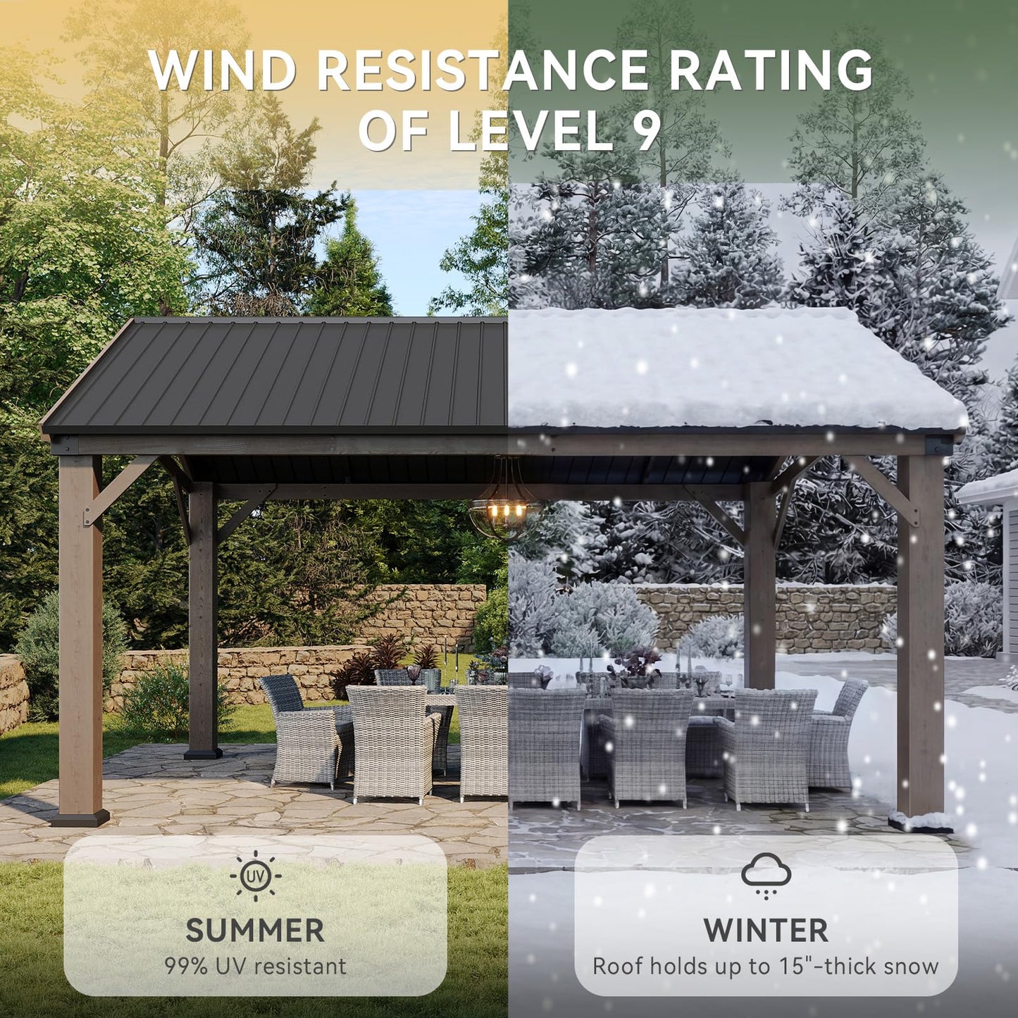Aoxun 12' x 16' Outdoor Wood Gazebo, Permanent Cedar Wooden Pavilion with Galvanized Steel Hardtop Gable Roof, Heavy Duty Patio Gazebo for Garden, Backyard, Deck, Lawn and Outdoor Living Space