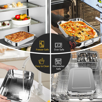 15.5" Stainless Steel Roasting Pans with Handles, Baking Pan for Oven with 2 Racks, Heavy Duty, Dishwasher Safe Rectangular Lasagna Pan with Handles for Turkey Chicken, Silver