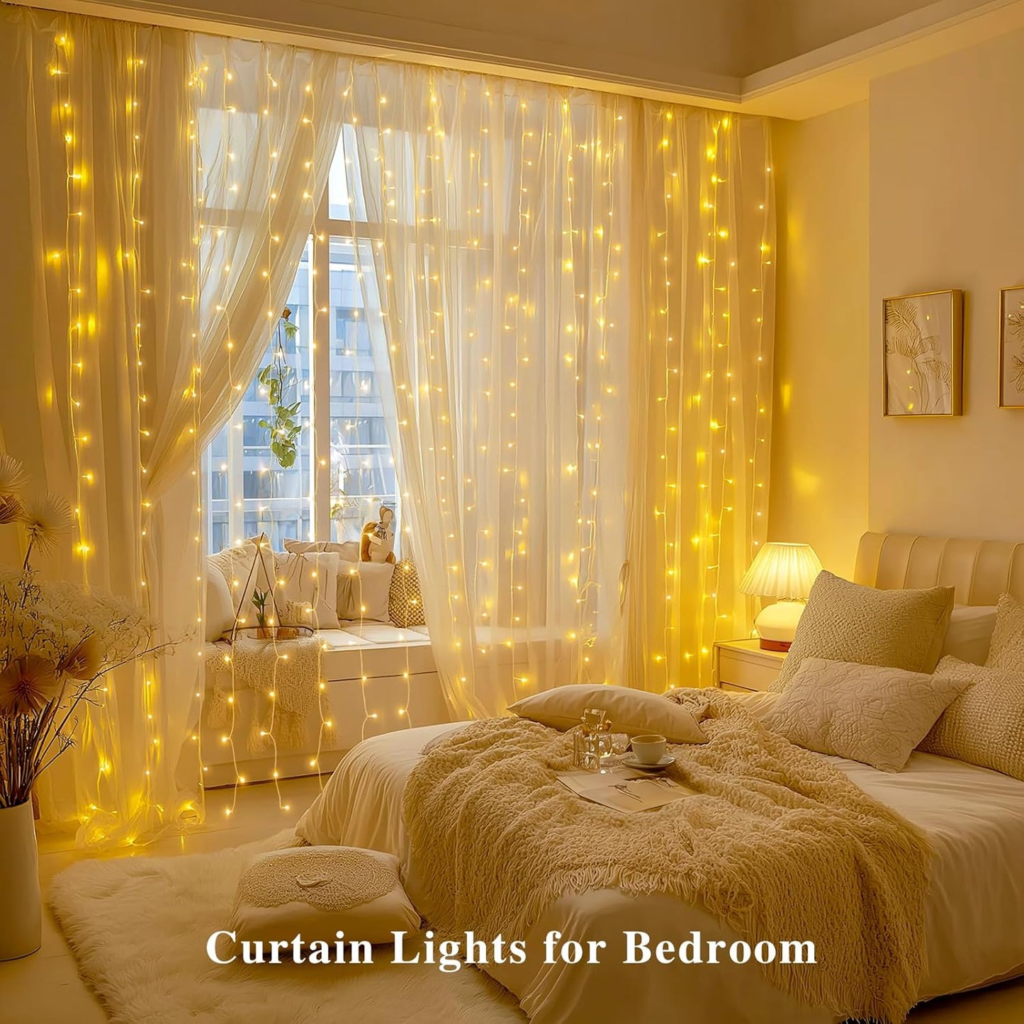 200 8 JMEXSUSS LED Curtain Lights Battery Operated & USB Plug in, Modes Warm White Curtain Hanging String Lights Indoor