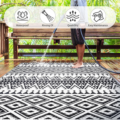 Waterproof Outdoor Rug 5x8ft, Bohemia Reversible Plastic Straw Mat for Patio RV Deck Porch Backyard Balcony Camping Picnic Beach Indoor Outdoor Carpet, Black&White