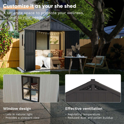 Patiowell 8 x 6 FT Plastic Outdoor Storage Shed with Floor, Resin Shed with Window and Lockable Door for Garden, Backyard, Tool Storage Use, Easy to Install in Beige (Kick-it Shed)