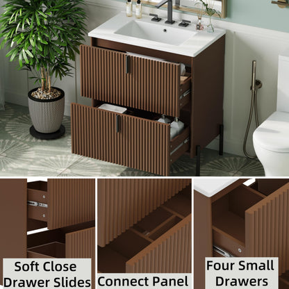Merax 30" Freestanding Bathroom Vanity with Ceramic Sink, Equipped with Vertical Pulls, Full-Extension Drawers, Soft Close Drawer Slides, Fluted Design, Brown