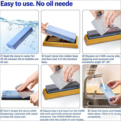 Dual Grit Whetstone 400/1000 3000/8000 Knife Sharpener with Leather Strop, Flattening Stone, Bamboo Base, 3 Non-slip Rubber Bases & Angle Guide | Perfect for Chef
