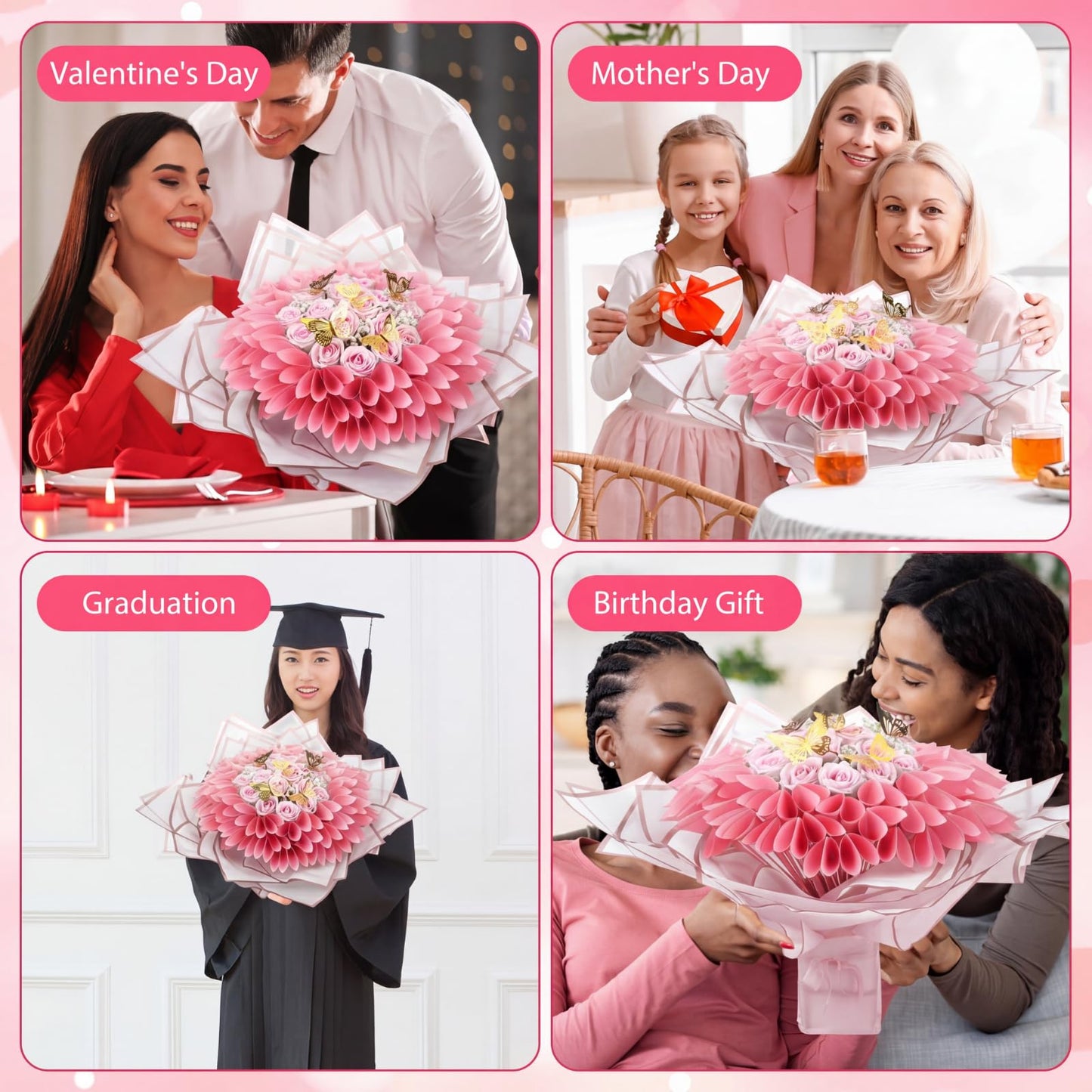 Marspark Graduation Money Bouquet Flower Kit Gift Included 20 Sheet Flower Wrapping Paper 36 Fake Flowers 100 Bamboo Skewer Floral Foam Block for Mother's Day Anniversary Wedding(Pink,Classic)