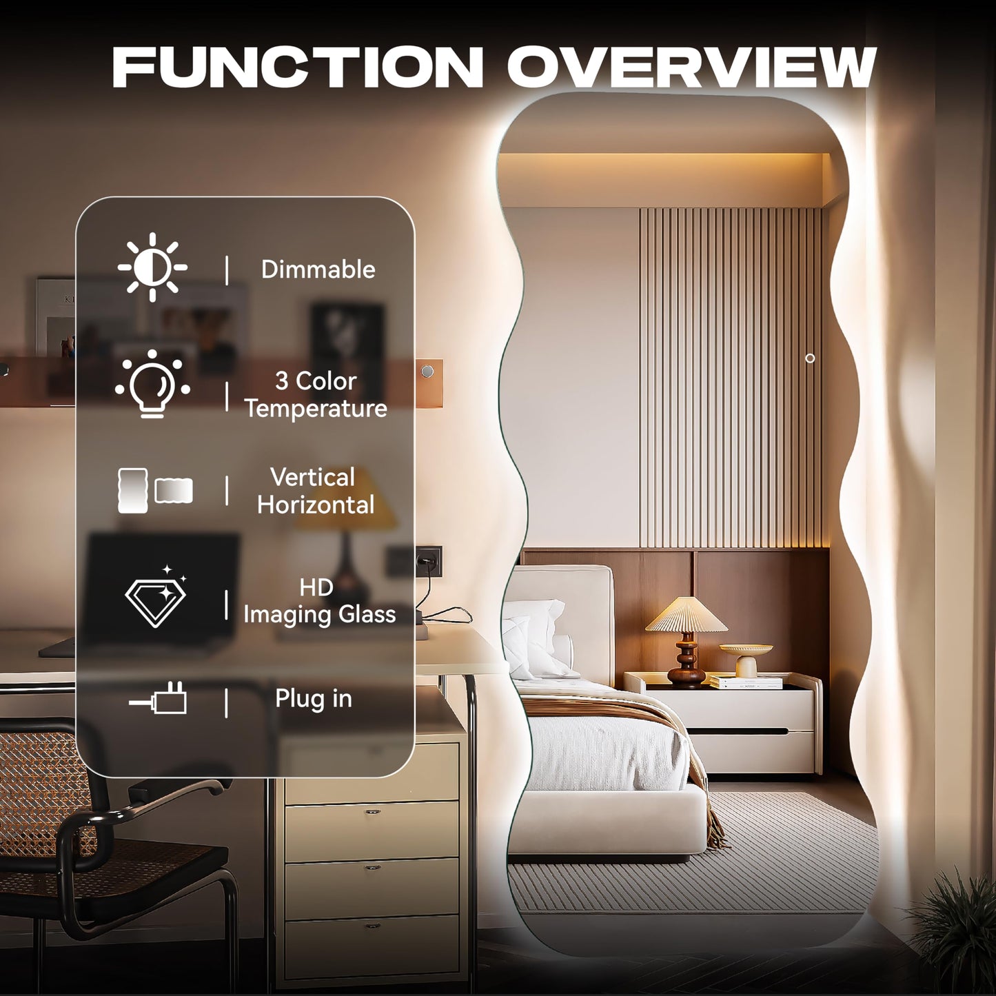Hasipu Wavy Full Length Mirror with Lights - 94"×39" LED Wavy Floor Mirror, Frameless, Dimmable, Standing or Vertical/Horizontal Wall-Mounted Mirror for Bedroom, Living Room, Cloakroom