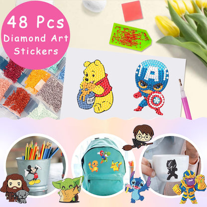 KOJEFCV 48 Pcs Cartoon Diamond Art Painting Sticker Kits for Kids-Cartoon Diamond Gem Stickers Kit,5D Gem Art Stickers Mosaic for Kids Gift for Boys Girls 4-8-10-12 Years Old