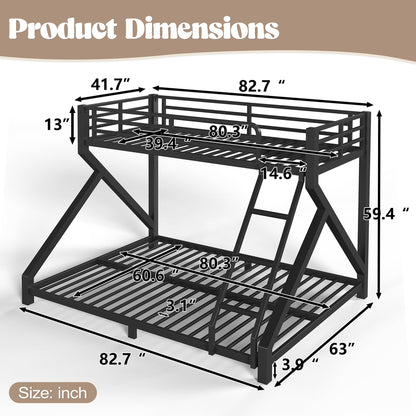 Bellemave Twin XL Over Queen Bunk Bed Frame with Noise Reduced Design, Low Profile Bunk Bed with Ladder and Fence, Heavy Buty Bunk Beds for Adults, Teens